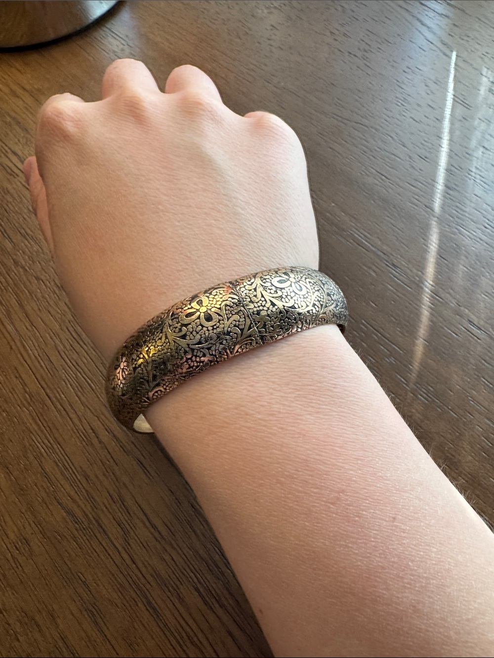 Engraved Floral Hinged Bangle Bracelet - Gold Toned